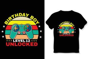 aniversário Garoto nível 12 desbloqueado jogos t camisa, jogos citações t camisa, jogador camiseta Projeto vetor