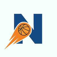 carta n basquetebol logotipo conceito com comovente basquetebol ícone. cesta bola logótipo símbolo vetor