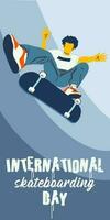 poster internacional skate dia. uma cara com uma skate executa uma saltar em uma azul fundo. skate truques, patinação, pulando. bandeira com brilhante pessoas para a feriado em Junho 21 vetor