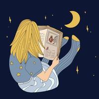 menina lendo um livro a noite vetor