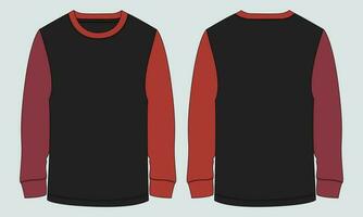 camiseta de manga longa de cor de dois tons ilustração vetorial modelo de cor preta vistas frontal e traseira vetor