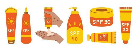 protetor solar definir. coleção do loções com spf. pele proteção a partir de Sol. garrafas, tubos com protetor solar, Sombrio pele mãos com creme. verão Cosmético. conjunto do protetor solar pele Cuidado produtos. vetor