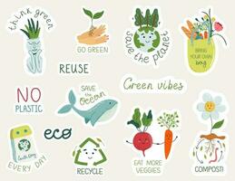 eco adesivo definir. de Meio Ambiente conservação conceito. motivacional texto e ecológico símbolos. fofa kawaii Projeto elemento pacote. vetor ilustrações.