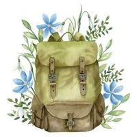 vintage mochila com azul flores e verde plantas. mão desenhado aguarela ilustração do retro costas pacote para viagem e acampamento. couro saco para aventura. desenhando do caminhada equipamento para turista vetor