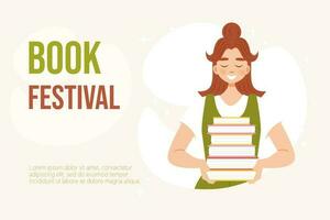 livro festival poster ou bandeira. sorridente menina segurando livros. vetor ilustração dentro plano desenho animado estilo. lendo conceito. perfeito para biblioteca, livro justo ou literatura evento promoção