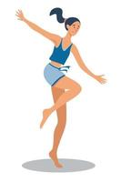 mulher alegre está pulando de shorts e um top. menina feliz dos desenhos animados do vetor pulando.