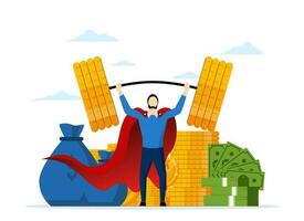 investimento profissional ou financeiro alfabetização, esforço para ganhar Mais dinheiro ou angariação de fundos conceito, investimento especialista ou riqueza gerente, confiante homem de negocios Super heroi segurando acima grande dinheiro moedas. vetor