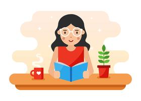 Menina, com, cabelo ondulado, e, óculos, leitura, um, livro, vetorial vetor