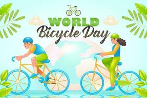 jovem casal equitação bicicletas para mundo bicicleta dia e carro livre dia, fresco tema dentro 3d vetor ilustração conceito