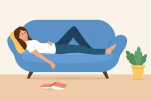 jovem mulher dormindo em sofá com caído livro.fim de semana lazer conceito.vetor ilustração vetor