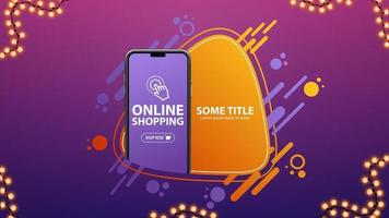 banner de compras online roxo e laranja com forma abstrata e smartphone grande com botão na tela modelo para sua criatividade vetor