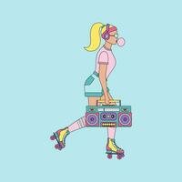 uma menina com rolo patins. elegante menina com fita gravador equitação rolo patins. retro moda estilo a partir de anos 80-90. vetor ilustração.