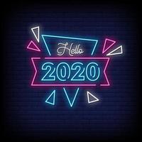 Olá 2020 sinais de néon, vetor de texto de estilo