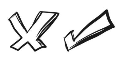 doodle marca de seleção e conjunto de ícones de marca cruzada. símbolo de carrapato. sinais de lista de verificação. ilustração vetorial vetor