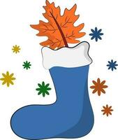 isolado azul peludo bota ou meias com bordo folha e flores em branco fundo. vetor