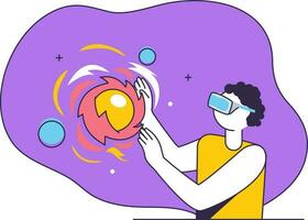 desenho animado homem assistindo para imaginário galáxia através vr óculos em roxa e branco fundo. vetor