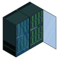 isométrico servidor. rede servidor sala. 3d computador equipamento. armazenamento base de dados. isométrico tecnologia. vetor ilustração