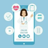 médico conectados em Smartphone aplicativo. conectados médico clínica, telemedicina, conectados cuidados de saúde e médico consulta conceito. vetor