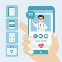 conectados médico e paciente consulta em Smartphone. vetor