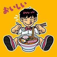 japonês escola Garoto comendo a ramen macarrão japonês palavra significa delicioso vetor
