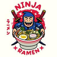 ninja Guerreiro desenho animado mascote comer ramen macarrão japonês palavra significa ramen vetor