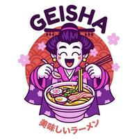 gueixa fofa desenho animado mascote comendo ramen macarrão com japonês texto significa delicioso ramen vetor