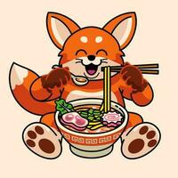 Raposa fofa mascote personagem comendo ramen macarrão vetor