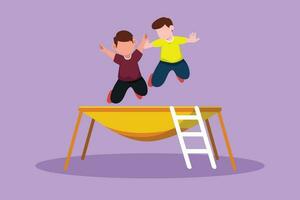 gráfico plano Projeto desenhando do dois pequeno Rapazes pulando em trampolim junto. feliz crianças pulando em volta trampolim. ativo crianças ao ar livre jogos às Parque infantil. desenho animado estilo vetor ilustração