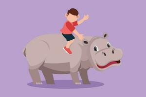 personagem plano desenhando feliz pequeno Garoto equitação hipopótamo às diversão parque. adorável criança sentado em costas hipopótamo dentro jardim zoológico. bravo crianças Aprendendo para passeio hipopótamo. desenho animado Projeto vetor ilustração