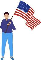 ilustração do alegre Garoto segurando americano bandeira dentro plano estilo. vetor