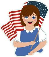 ilustração do adesivo estilo alegre menina segurando americano bandeira. vetor