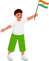 felicidade jovem Garoto segurando Índia bandeira dentro em pé pose. vetor