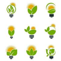 símbolo logotipos de lâmpada de ecologia de verde com sol e folhas ícone de elemento de natureza em fundo branco