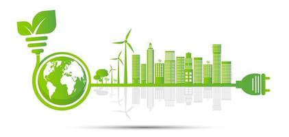 Ecologia e conceito ambiental símbolo da terra com folhas verdes ao redor das cidades ajudam o mundo com ideias ecológicas vetor