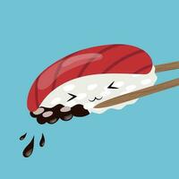 Gravetos aguarde Sushi com uma fofa face vetor