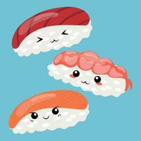 uma conjunto do três tipos do Sushi com fofa rostos vetor