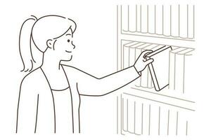 sorridente mulher levando livro a partir de estante dentro livraria. feliz menina pegue livro didático a partir de biblioteca. leitor ávido e Educação. vetor ilustração.