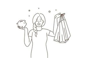 sorridente mulher segurando cofrinho e compras bolsas. feliz menina animado com compra fez em poupança dentro porquinho banco. vetor ilustração.