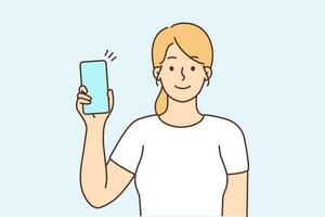 feliz menina mostrar moderno celular com brincar tela. sorridente jovem mulher demonstrar Smartphone com Boa acordo ou promoção. cópia de espaço. vetor ilustração.