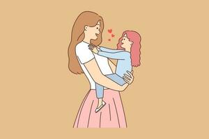 feliz jovem mãe segurando sorridente pequeno filha dentro mãos. amoroso mãe abraçando pequeno menina criança mostrar amor e Cuidado. maternidade. vetor ilustração.