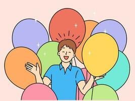 muito feliz Garoto com balões a comemorar feliz aniversário. sorridente criança sentir animado comemoro aniversário. vetor ilustração.