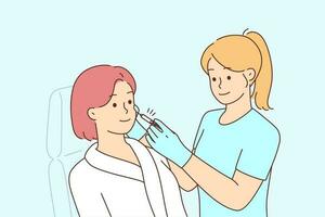 mulher cliente sentar dentro cadeira pegue face procedimentos dentro beleza salão. fêmea cliente receber facial tratamento dentro cosmetologista gabinete ou salão. vetor ilustração.