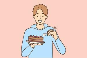 sorridente jovem homem comendo bolo com colher. feliz masculino apreciar chocolate sobremesa. nutrição e dieta. vetor ilustração.
