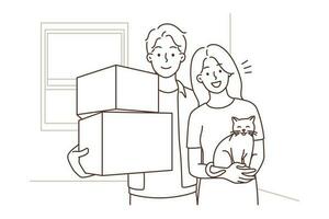 feliz jovem família com gato segurando caixas comovente para Novo apartamento junto. sorridente casal com animal realocar para próprio casa. deslocalização conceito. vetor ilustração.