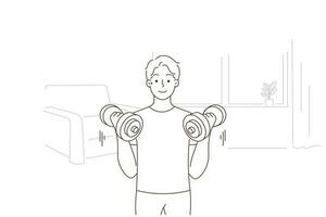 jovem homem com halteres Treinamento às lar. sorridente cara Faz esporte exercite-se dentro de casa. fisica atividade e exercício. vetor ilustração.