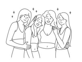 sorridente diverso mulheres dentro roupa de esporte mostrar vários figuras. feliz multirracial tonificado fêmeas demonstrar corpo positividade. vetor ilustração.