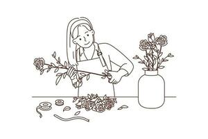 fêmea florista trabalhando com flores dentro oficina. feliz mulher jardineiro corte rosas fazer ramalhete dentro fazer compras. vetor ilustração.