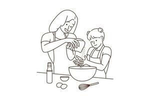 feliz jovem mãe e filha cozinhando às casa junto. sorridente mãe e menina criança ter Diversão cozimento dentro cozinha. maternidade conceito. vetor ilustração.