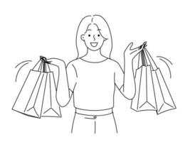 sorridente jovem mulher segurando numerosos compras bolsas com compras. feliz fêmea viciado em compras comprando roupas dentro boutique aguarde parcelas. vetor ilustração.