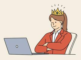 confiante empresária dentro coroa sentar às escrivaninha trabalhando em computador portátil. bem sucedido mulher empregado ou líder ocupado às computador. vetor ilustração.